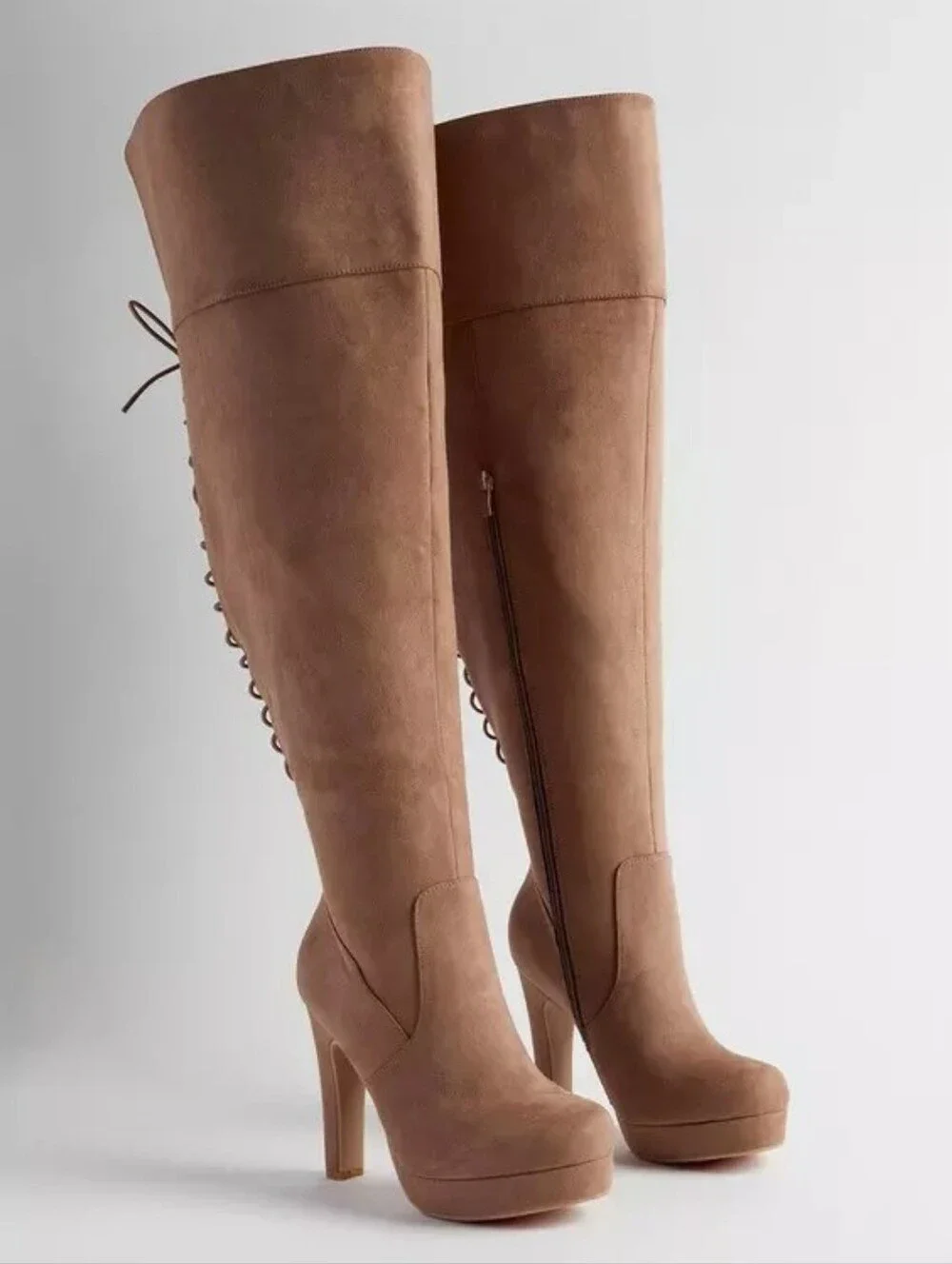 Women's EXTRA WIDE CALF Plus Size Over The Knee Lace-Up Platform Boots Tan Suede